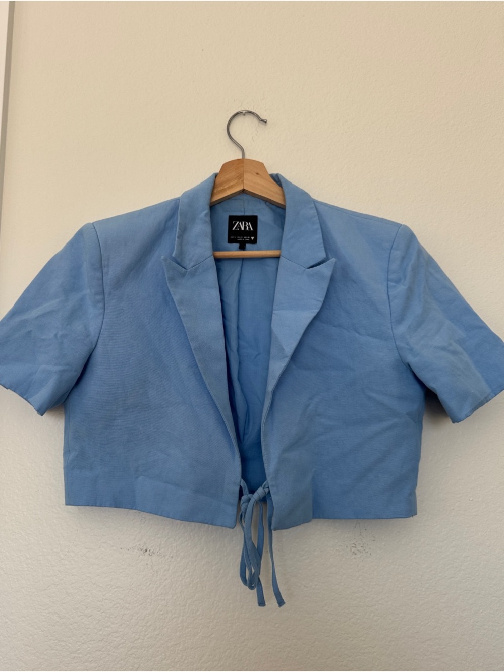Zara Powder Blue Cropped Tie-Front Blazer